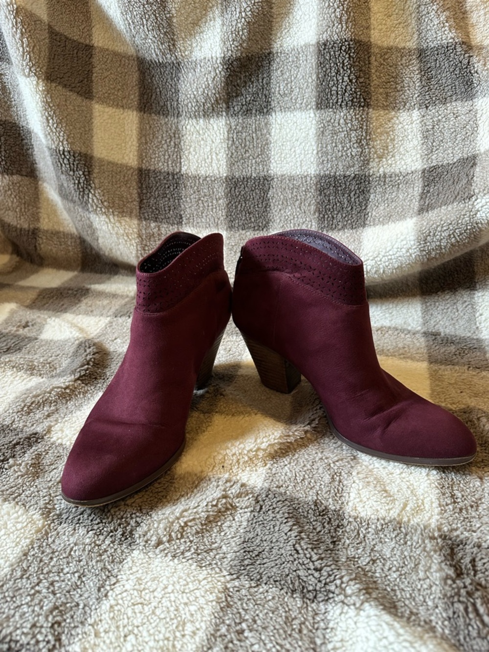 Women's Burgundy Suede Ankle Booties with Stacked Heel